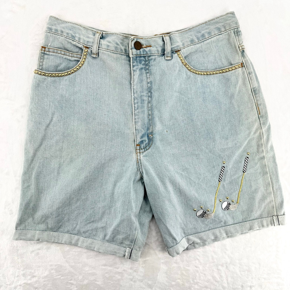 Candies Vintage Golf Club Jean Shorts Embroidered Gold Studs Denim Bermuda 80s